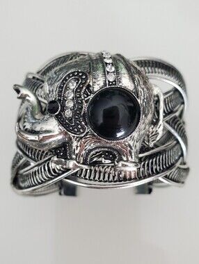 Black Jelly Belly Elephant Cuff Bangle Bracelet Rustic Silver Woven Design
